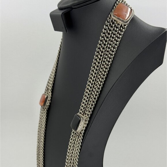 Vtg Multi Strand Pewter Chain Necklace Black Onyx Amber Color Stone Accents - Picture 4 of 16